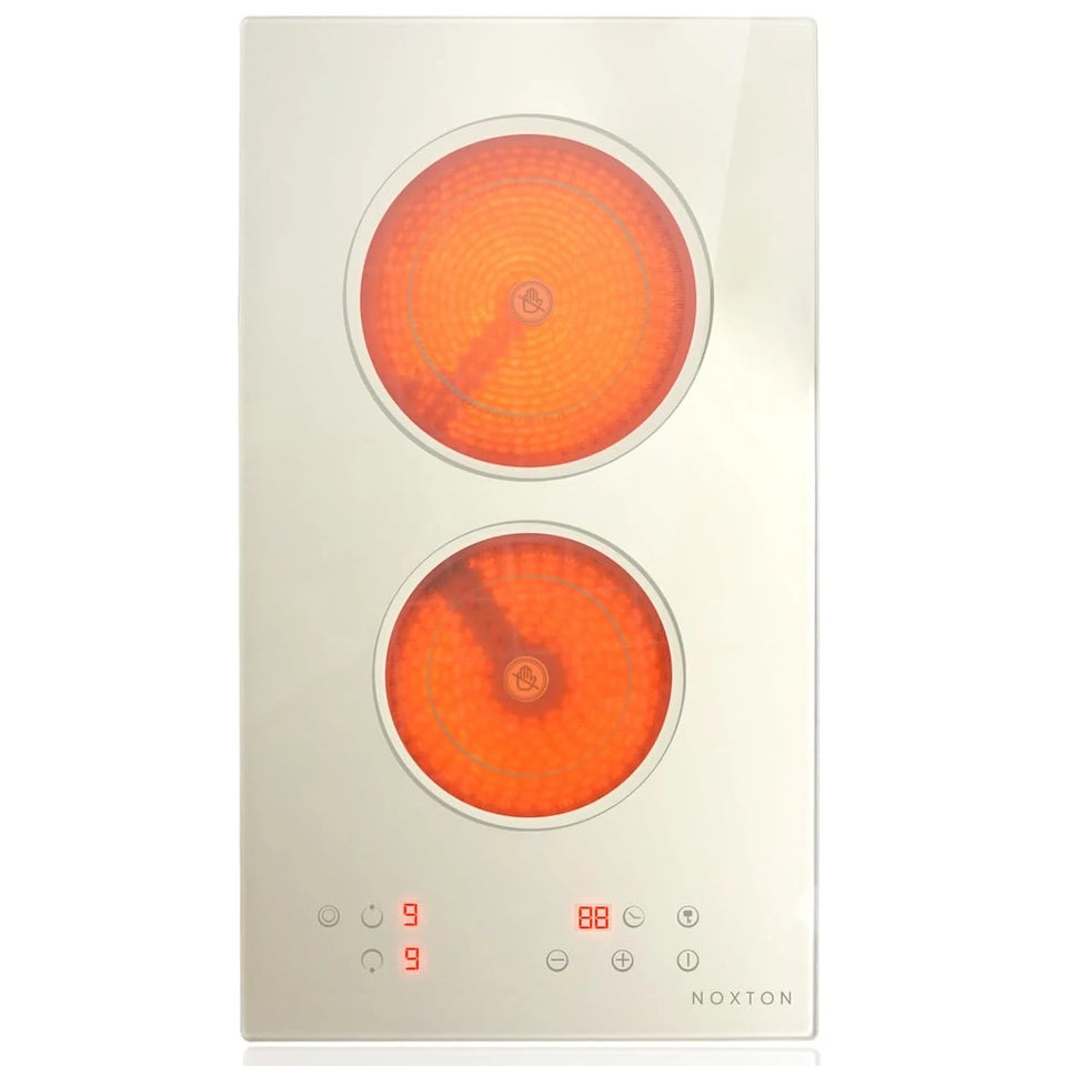 NOXTON Ceramic Hob, Built-in 2 Zone Electric Hobs 29 x 52cm Noise-free Auto Shut-off Safe Lock Heat Indicator Black Glass Panel