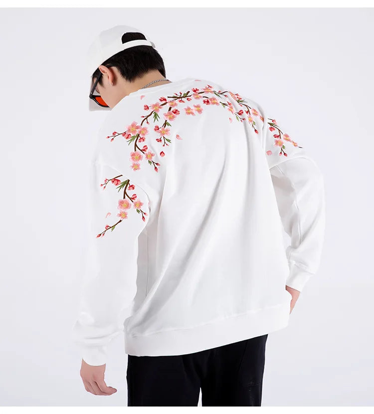 Floral Embroidery Unisex Pullovers Sweatshirt For Men Loose Fit Autumn Quality Cotton Fashion Casual Oversized Luxury Pull Homme