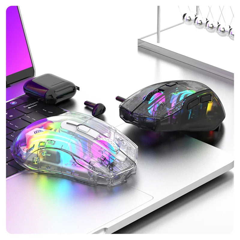 Aesthetic Clear Wireless Mouse for Women RGB Glow Tri-Mode Bluetooth Rechargeable Gaming Mouse for Laptop PC Office