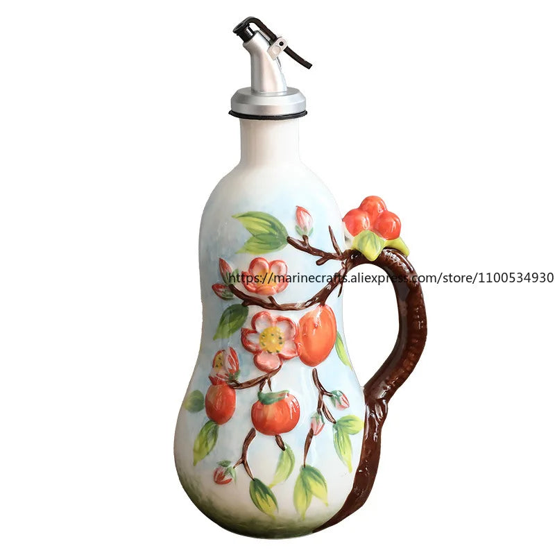 Hand-Painted Ceramic Seasoning Bottle Bird Flower Fruit Soy Sauce Vinegar Oil Bottle Coffee Table Wine Cabinet Decoration