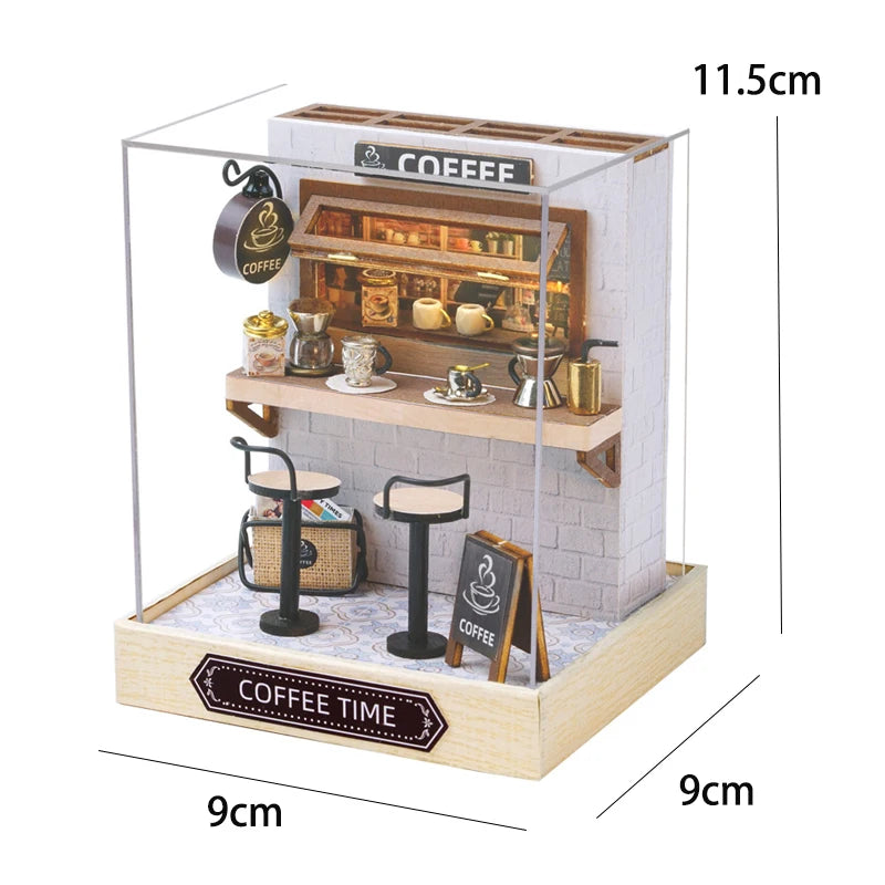 Coffee Shop Wooden Mini Doll House DIY Small House Kit  3D Puzzle Assembly Toy Miniature Dollhouse With Furniture Lighting Gifts