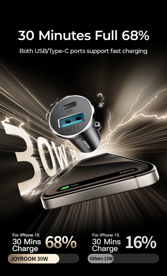 Joyroom 30W Car Charger Adapter PD QC3.0 Mini USB Charger Fast Charging Phone Charger for iPhone Samsung Galaxy Car Accessories
