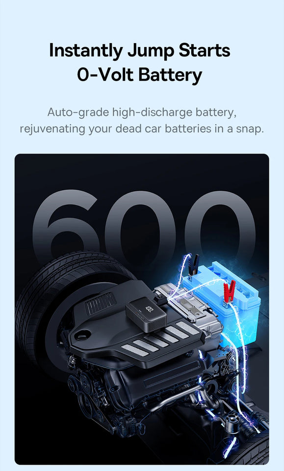 Baseus 4 In 1 Car Jump Starter with LED Lighting 600A Portable Car Battery Charger Power Bank Tire Inflator Pump Air Compressor