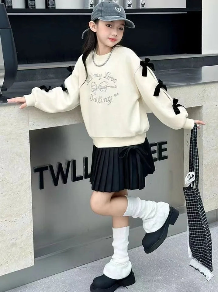 Girls' 2025 New Spring/Autumn Long Sleeve Bowknot Loose Fit Stylish Korean Style Mid-Big Kids Sweatshirt