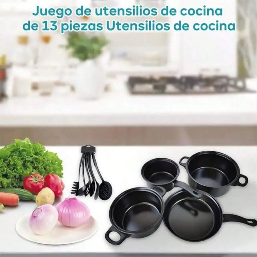 13 Piece Nonstick Kitchenware Set Induction Pots and Spoons Kit, Black Frying Pan & Milk Pot Perfect for Family Dinner & Camping