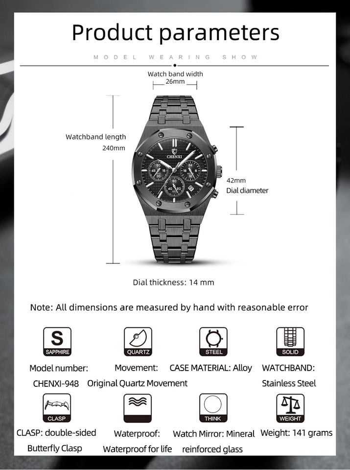 CHENXI Business Quartz Man Wristwatch Multi-function Luminous Calendar Men's Watches Waterproof Chronograph Stop Watch