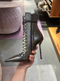 Hollow Out Cross Tie Fashion Pointed Sexy Mesh Leopard Print Perspective High-Heeled Women's Motorcycle Style Short Boots