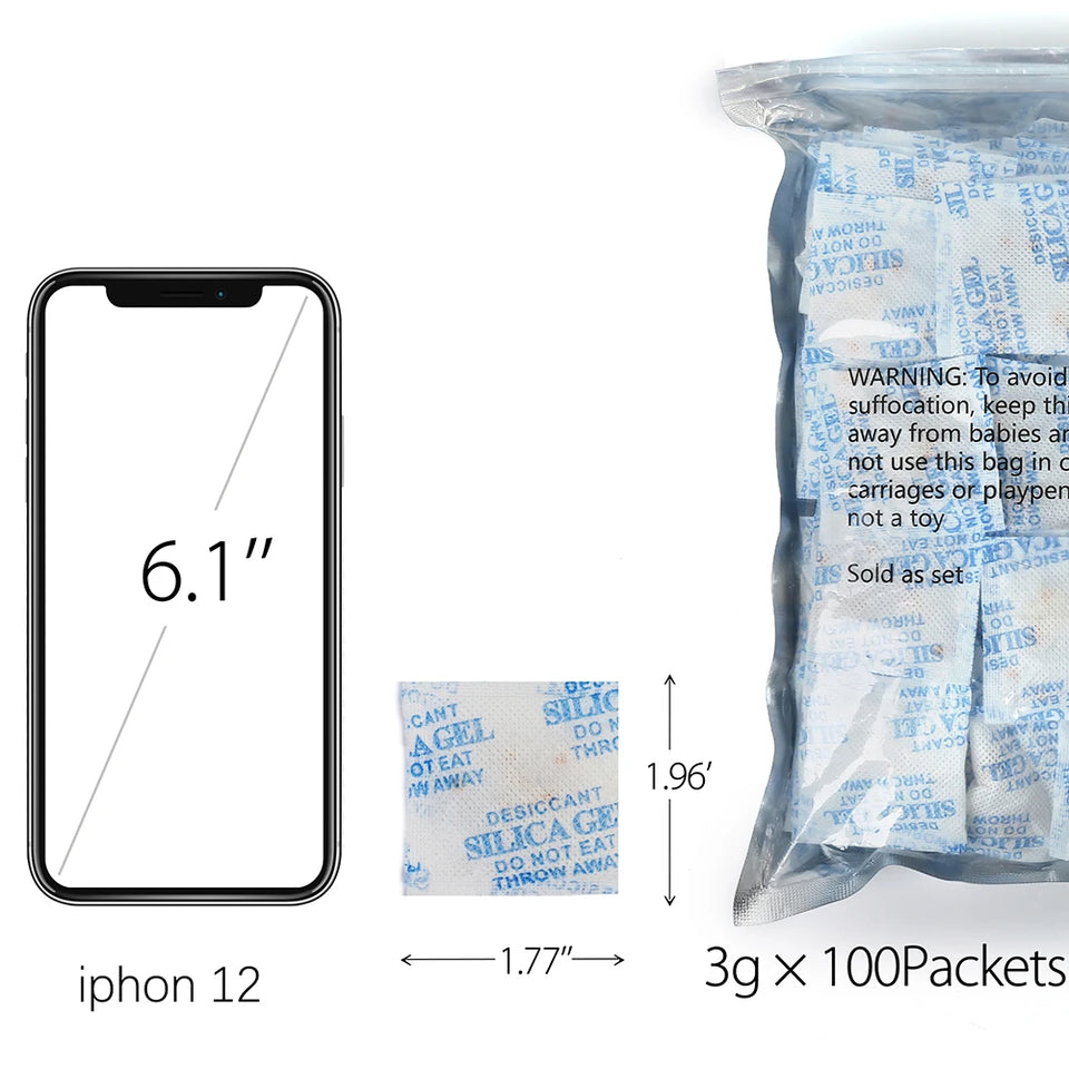 3g x100 Packs Package Non Toxic Silica Gel Desiccant Damp Kitchen Room Living Moisture Dehumidifier Absorber Bag