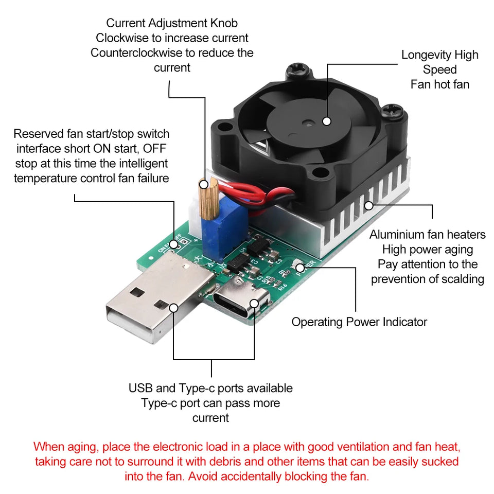 18W 22.5W Electronic Test Load Resistor USB Interface Battery Discharge Capacity Tester with Fan Adjustable Current Module Tool