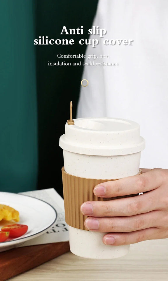450ML Coffee Cups With Lids Wheat Straw Reusable Portable Coffee Cup Dishwasher Safe Coffee Mug Coffee Tea Travel Cups