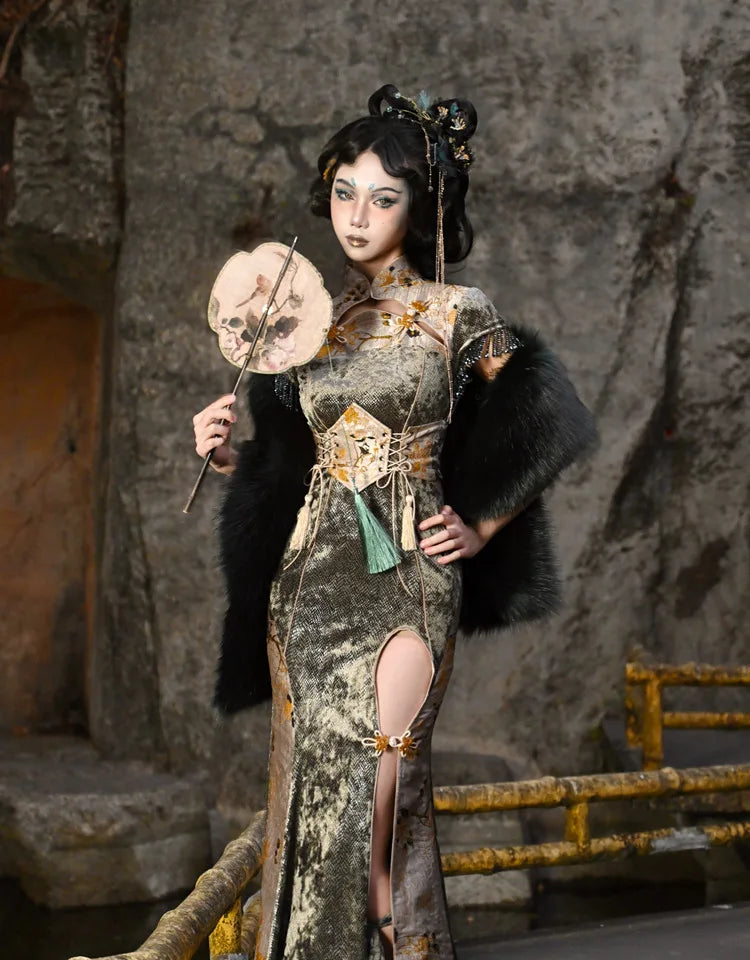 Blood Supply Original New Chinese Cheongsam Slim Dress Tie Tassel Jacquard Tunic Waist Sheath Long Trumpet Dresses Festival