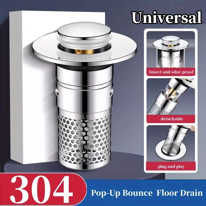 Press-Type Sink Drain Plug - Leakproof Stainless Steel | Fits Kitchen & Bathroom Sinks | Easy Install Anti-Clog Drain