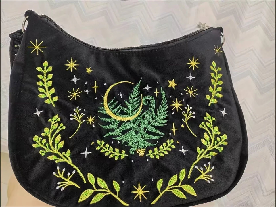 Dark Gothic Witch Plant Embroidered Flannel Shoulder Underarm Bag, Vintage Large Capacity Crossbody Bag,  Bags for Women