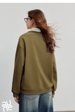 TOYOUTH Women Sweatshirt 2025 Autumn New Green Velvet Embroidery Contrasting Color Splicing Double Layer Collar Pullover Hoodies
