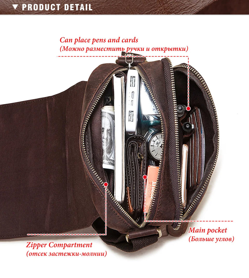 Fashion Crazy Horse Leather Men's Messenger Bag Flap Large Capacity Crossbody Bag Top Quality Shoulder Bag Sling Bag Tote