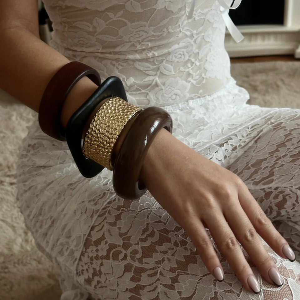 KMVEXO Fashion Maillard Vintage Punk Coffee Black Wood Bangles Hip Hop Resin Geometric Wide Bangles Women Men Bracelet Jewelry