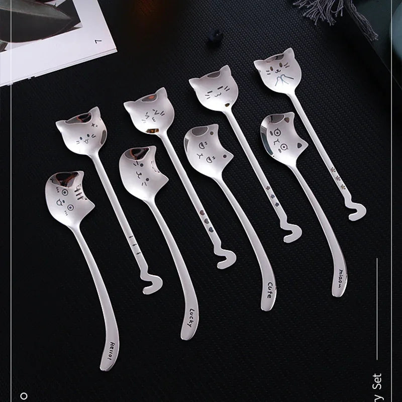 Funny Cat Spoons Cute Cartoon Meow Teaspoons for Coffee Dessert Cake Long Tail Spoon Birthday Gift Kitchen Tableware Accessories