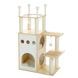 Modern Cat Tree Wooden Cat Tower with 2-Floor Condo Cat Furniture with Cat Scratching Posts Capsule Nest and Dangling Balls