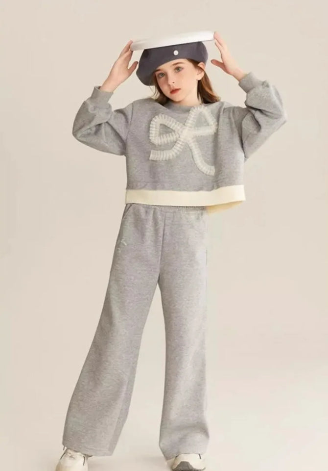 Top & Pants 2-Piece Set Sweatshirt Bow Korean Children's Clothing 2025 Autumn Winter Suits Clothes for Girls From 7 To 8 Years