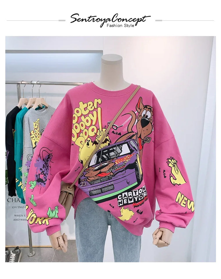 Letter Printing Sweatshirt Women High Street Cartoon Puppy Car Clothes Casual Crew Neck Sweater Bulk Items Wholesale Lots