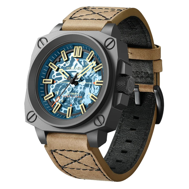 FeelNever Creative Automatic Movement Men's Watches Hollow Fashion Casual Sport Military Leather Waterproof Mechanical Watch+Box