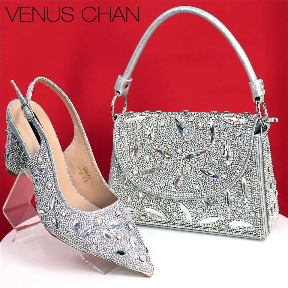 Elegant And Sexy Golden Color High Heels Shoes And Bag With Rhinestone Embellished Toe Is Comfortable Women's Shoes For Party