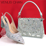 Elegant And Sexy Golden Color High Heels Shoes And Bag With Rhinestone Embellished Toe Is Comfortable Women's Shoes For Party