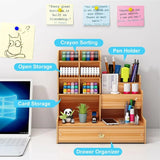 Wooden Desk Organiser DIY Desktop Tidy Pen Holder Large Capacity Stationery Storage Box with Drawer for Home Office and School
