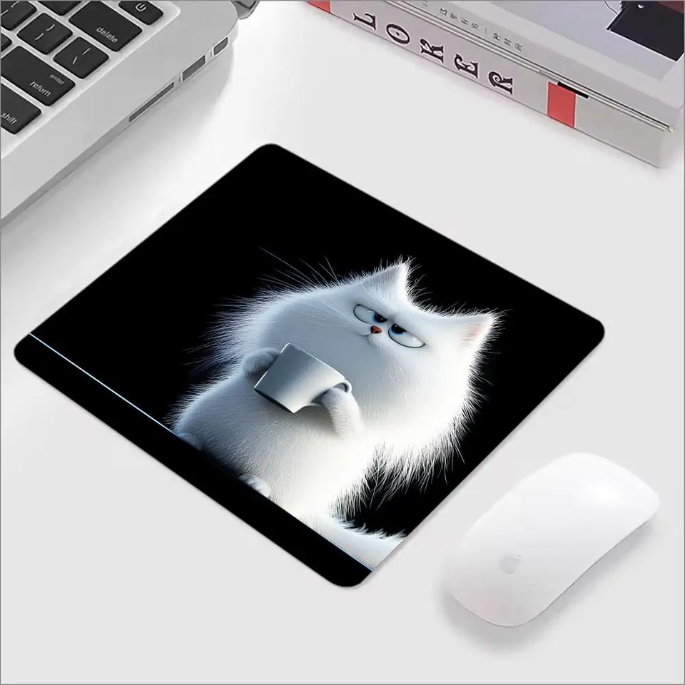 Kawaii Coffee Cat Mouse Pad Black Square Gaming Accessory Rubber Deskmats HD Non-Slip Computer Keyboard Mat New Laptop Mousepad
