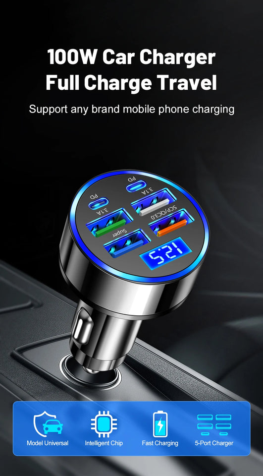 6 In 1 Car Charger Total 100W Super Fast Charging Multi-port Voltage Car With Vehicle Digital Display Mobile car Phone Charger