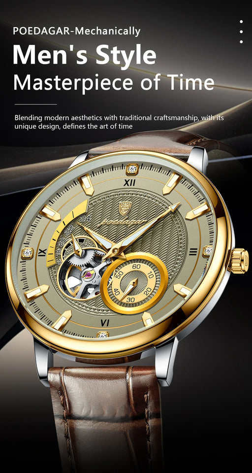 POEDAGAR Fashion Business Men Watch Waterproof Luminous Hollow Tourbillon Male Clock Automatic Mechanical Leather Men's Watches