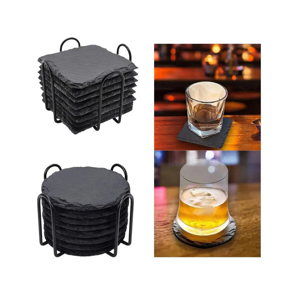 8x Slate Stone Drink Coasters Rustic Tabletop Protection with Holder Cup Coaster for Coffee Table Apartment Home Hotel Bar