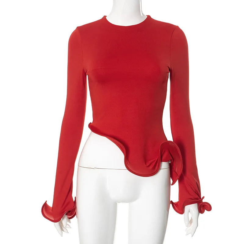 Shestyle Red Asymmetrical Ruffles T-Shirts Women Iron Shape Crew Neck Autumn Glowing Flare Sleeve Crop Tops New Arrivals Tees