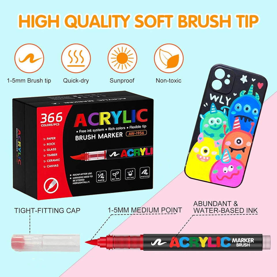 366 Colours Acrylic Markers Flexible Brush Tip Acrylic Paint Marker for Painting Stone Fabric Glass Ceramic Canvas Paper Wood