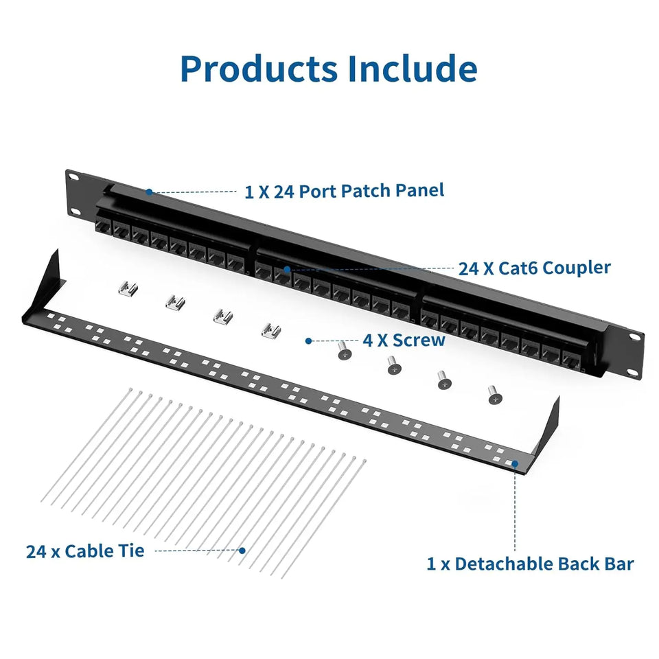 Natalink Patch Panel 24 Port Cat6 with Coupler Keystone Back Bar 19 Inch 1U Ethernet RJ45 Network Rackmount Coupler Patch Panel