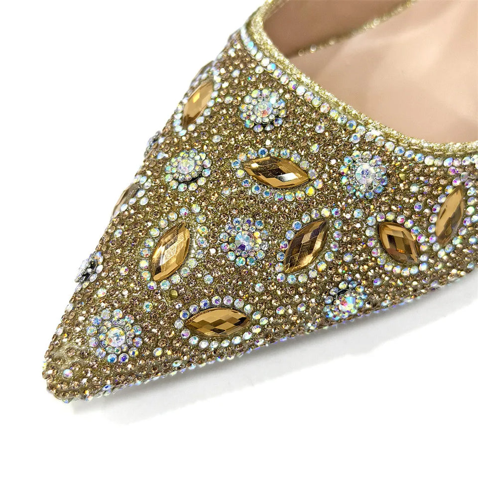 Elegant And Sexy Golden Color High Heels Shoes And Bag With Rhinestone Embellished Toe Is Comfortable Women's Shoes For Party