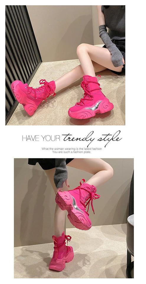 Women Ankle Boots Autumn Chunky Shoes Woman High Platform Breathable Sneakers 7.5CM Thick Sole Wedges Motorcycles Boots Winter