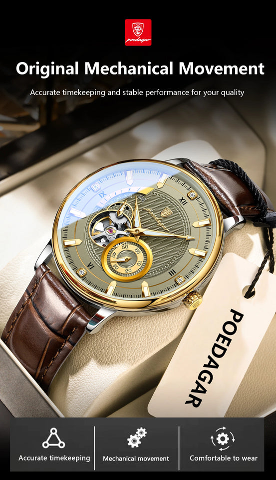 POEDAGAR Fashion Business Men Watch Waterproof Luminous Hollow Tourbillon Male Clock Automatic Mechanical Leather Men's Watches
