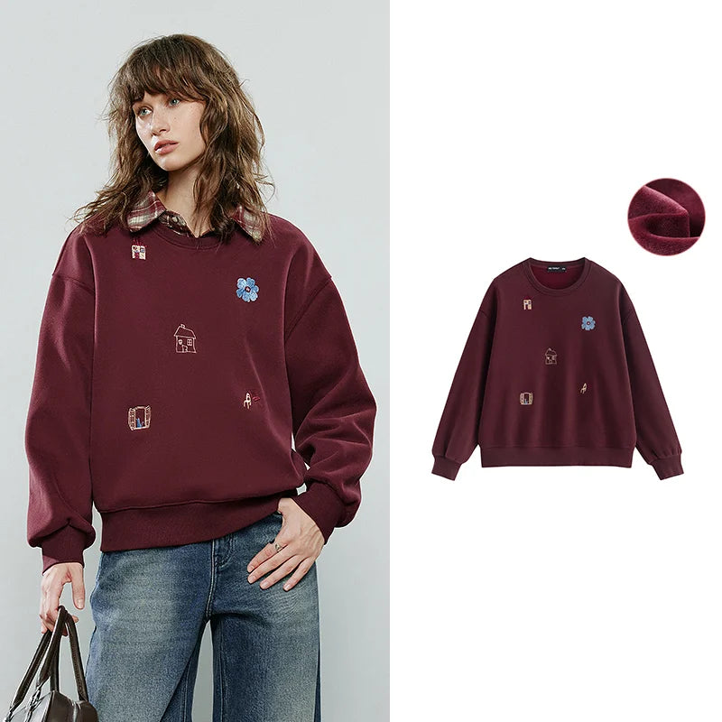 TOYOUTH Women Warm Hoodies Sweatshirt 2025 Winter New Cotton Cartoon Embroidery Age-Reducing Tops