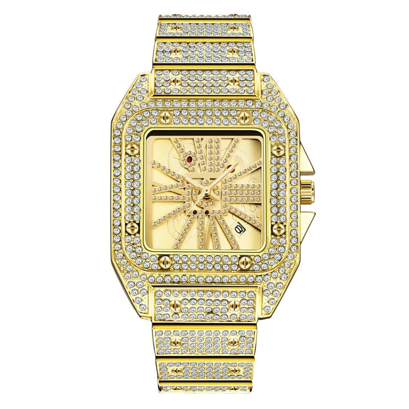 Unique Cool Brand Designer Watches For Men Hip Hop Diamond Fashion Alloy Band Date Golden Quartz Watch Montres de Marque de Luxe