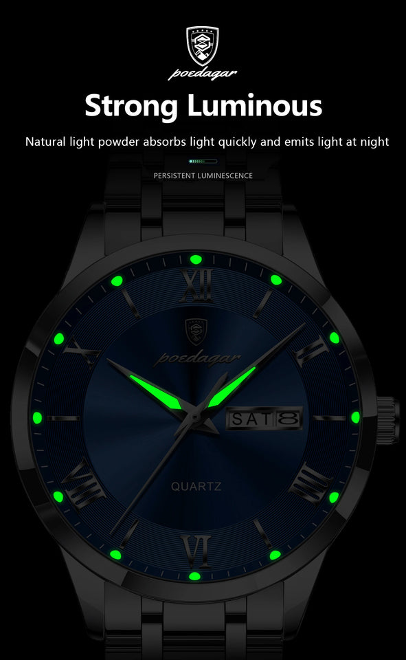 POEDAGAR Luxury Man Clock Waterproof Luminous Week Date Fashion Men's Wristwatch Stainless Steel Business Quartz Watches For Men