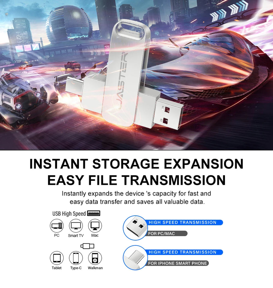 JASTER Metal USB TYPE-C 2 IN 1 Pen Drives 16GB silvery Flash Drive 64GB Commercial Affairs Gifts Memory Stick 4GB 8GB 32G U Disk