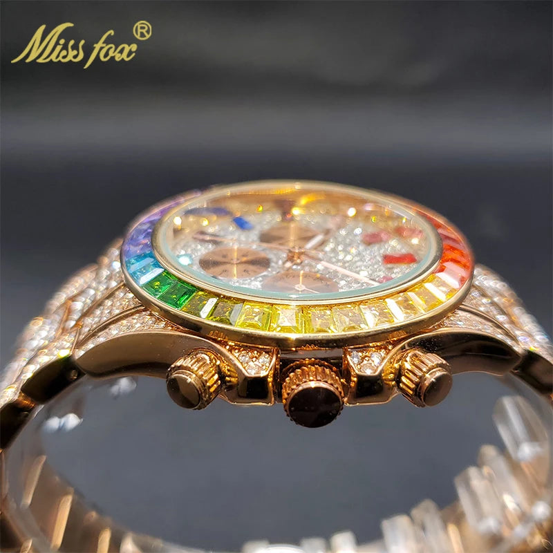 MISSFOX Men Watches 2021 Luxury Large Case With Baguette Full Diamond Quartz Wristwatch Chronograph Calendar Watch Droshipping