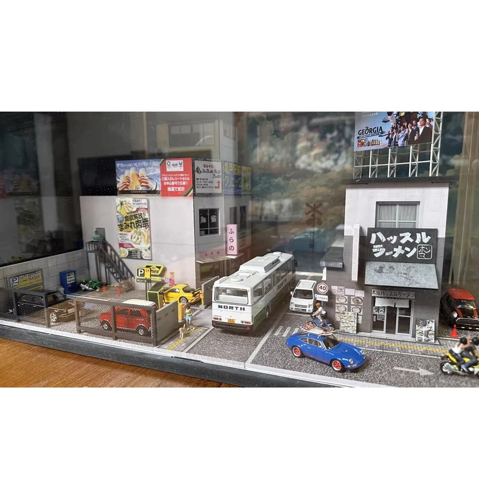 Diorama 1/64 Car Parking Lot with LED Lighting Japanese Commercial Building Model Scene Garage Display Model US