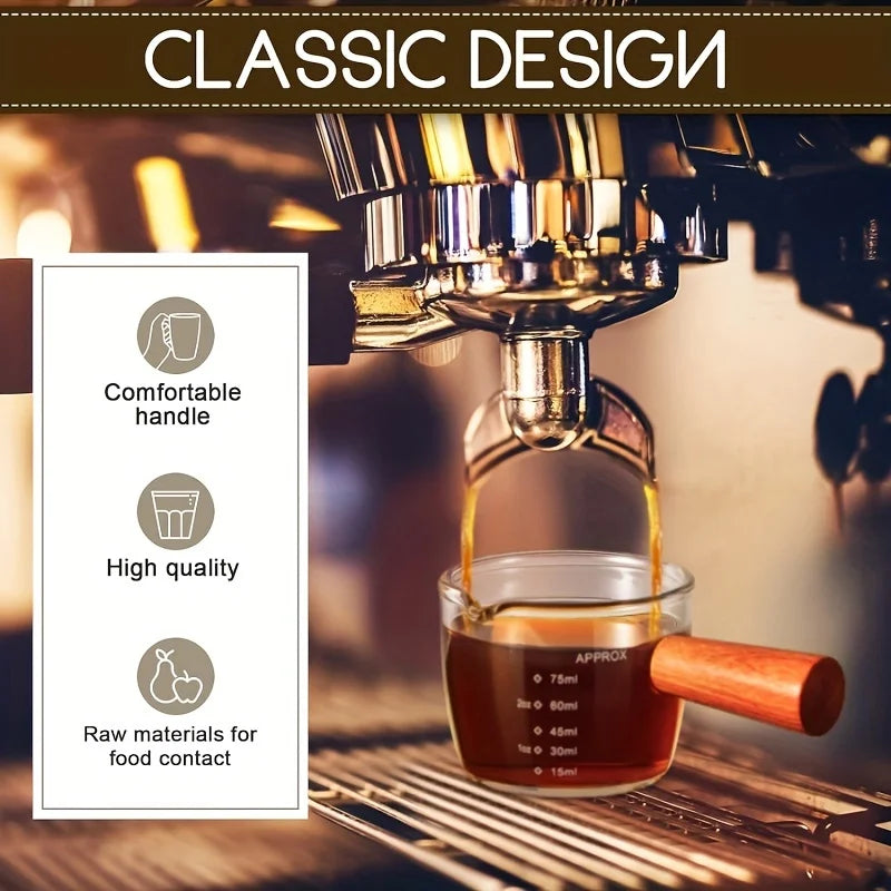 Small Measuring Cup With Scales, Wooden Handle Cup for Expresso Coffee, Milk & Sauce, Kitcken Utensil for Home & Cafe