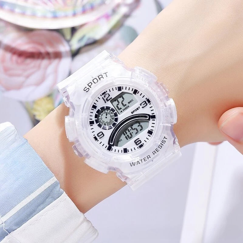 Electronic watch, translucent adolescent student multi-functional sports electronic watch