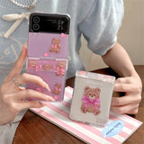 Korean Cute Bear Hinge Phone Case For Samsung Galaxy Z Flip 6 5 4 3 Z Flip5 Flip4 5G Cover with Chain Strap Clear Kawaii Funda
