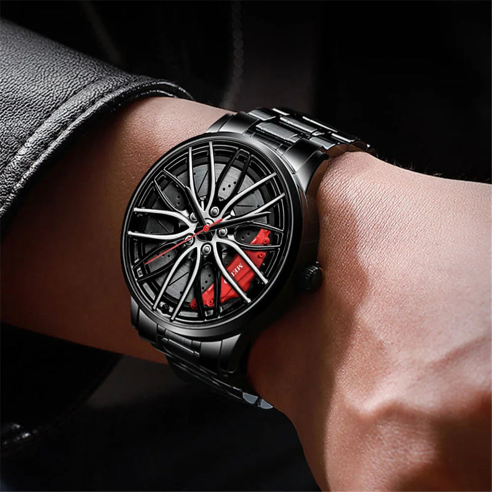New Top Men Stainless Steel Watches Mens Car Wheel Hub Leather Quartz Watch For Male Military Sport Watch Relogio Masculino Hot