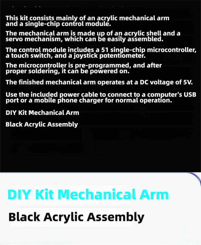 DIY Black Robotic Arm Construction Kit - Learn Welding, Basic Electronics, Circuit Design & Control, Perfect for STEM Projects, Maker Education, Beginners Tech Gift