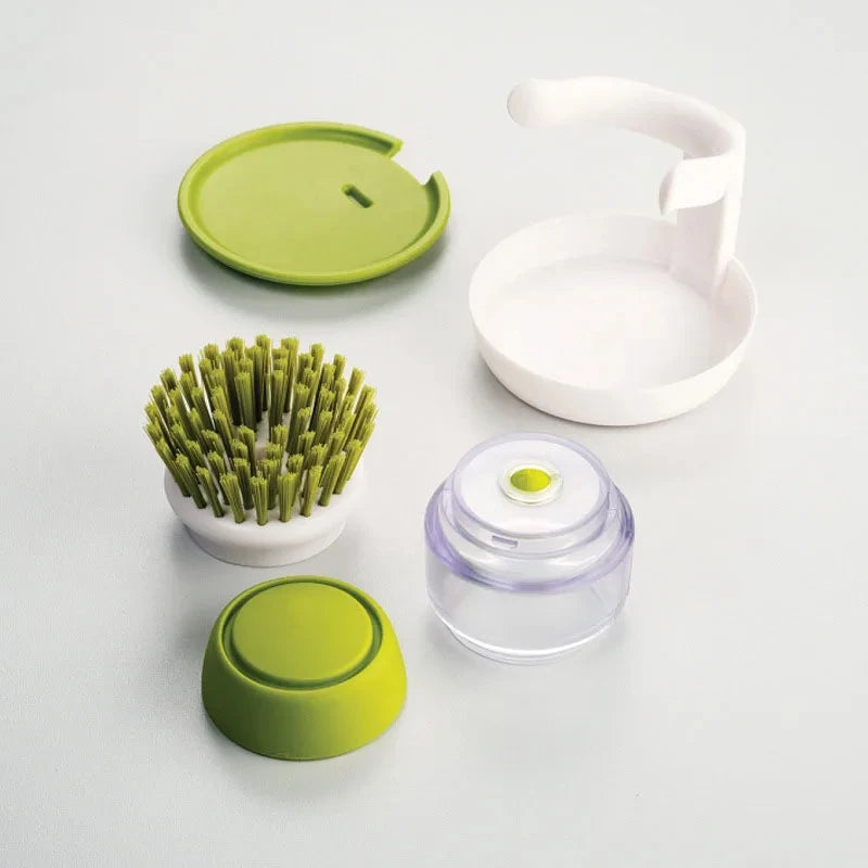 Multi-Use Kitchen Dish Brush, Soap Dispensing Palm Brush with Tray, Universal Scrub Brush for Household Cleaning